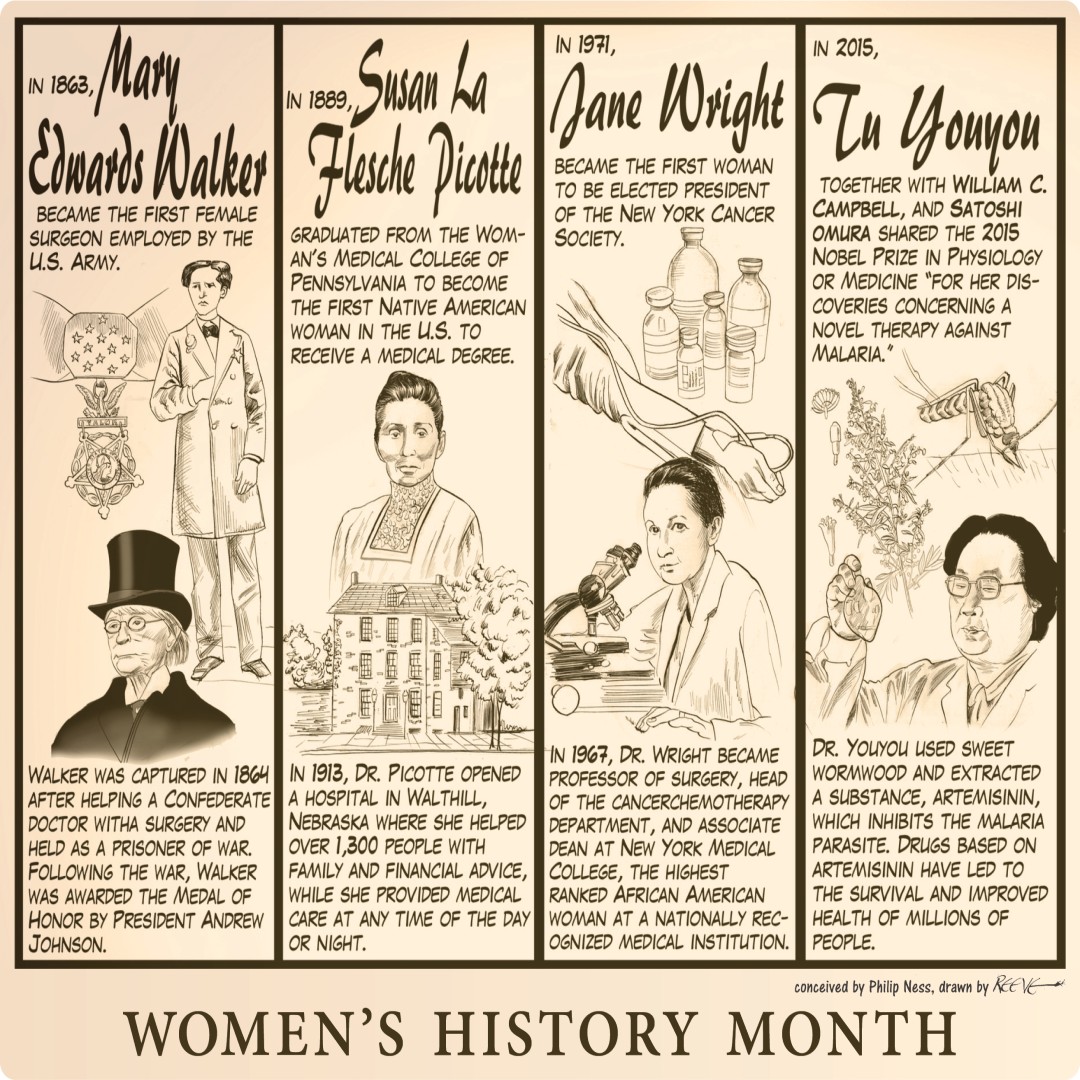 Cartoon: Women's History Month, Panel 4 of 4, Conceived by Phil Ness, drawn by Reeve, 2023.